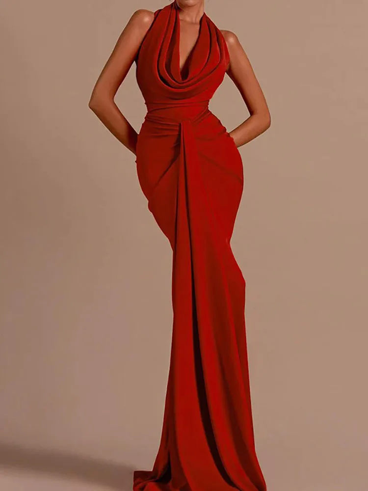 

Women's Evening Dress 2025 Spring New Fashionable Sexy Hanging Neck Bare Back Waist Cinching Slimming Red Long Women's Dress