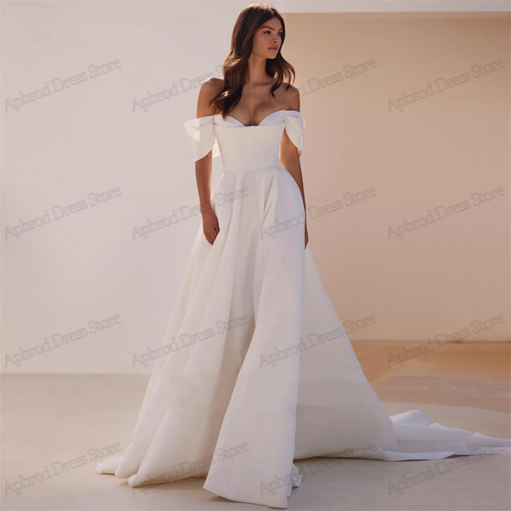 Elegantes vestidos de casamento de cetim, vestidos de noiva simples e graciosos, fora do ombro para festas formais, 2024