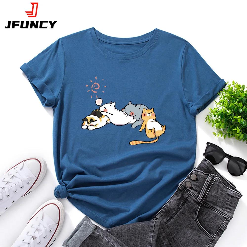 JFUNCY-Camiseta estampada gráfica para gato adormecido feminino, camiseta de algodão, camiseta solta, manga curta, blusa feminina, verão