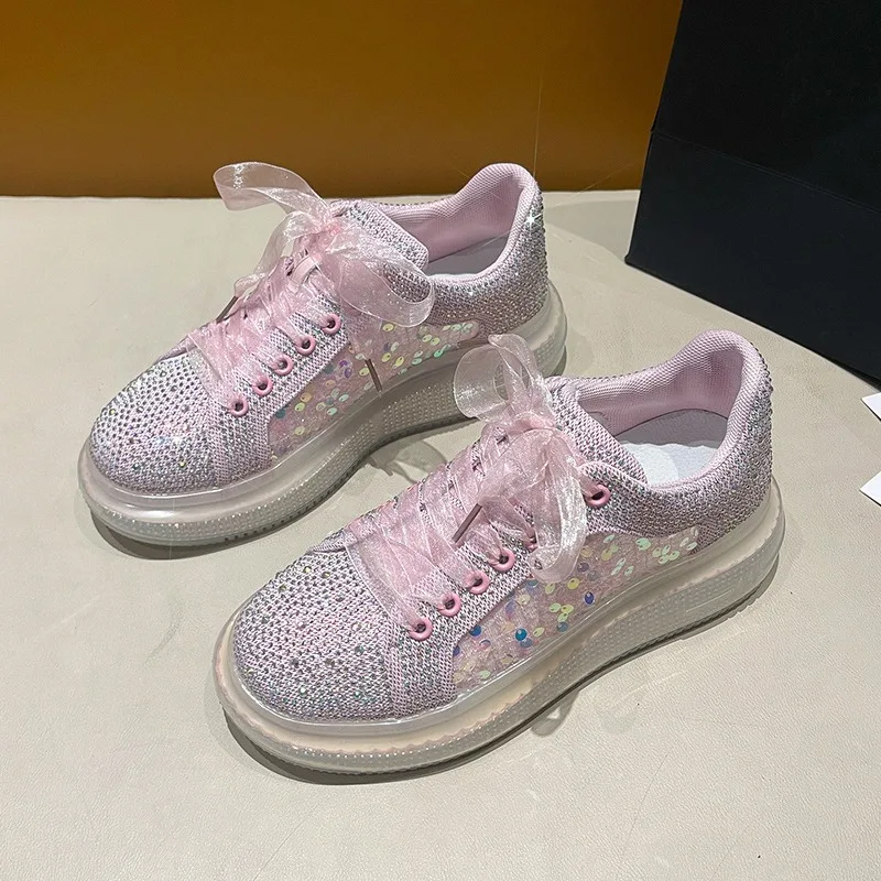 

2024 New Light Luxury Shoes Sneakers Women's Fashion Starry Rhinestone Sequins Comfortable and Breathable Casual