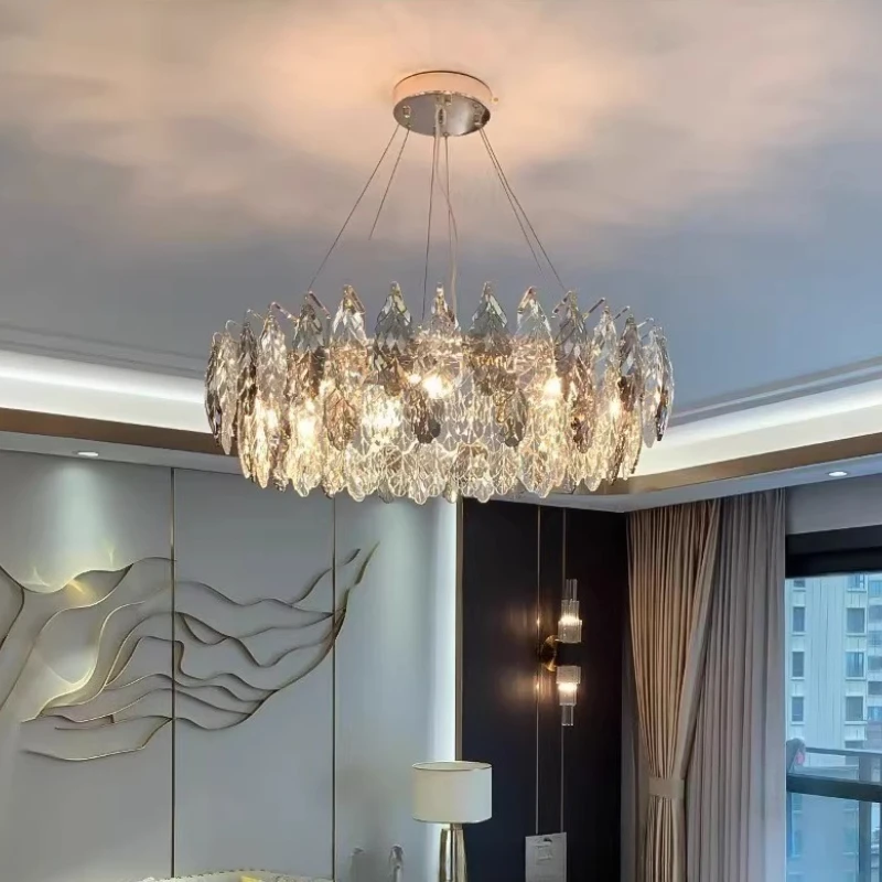 

French Style Luxury Round Pendant Lights Led Crystal Leaves Lustre Living Room Restaurant Study Hotel Chandelier Decoration Home