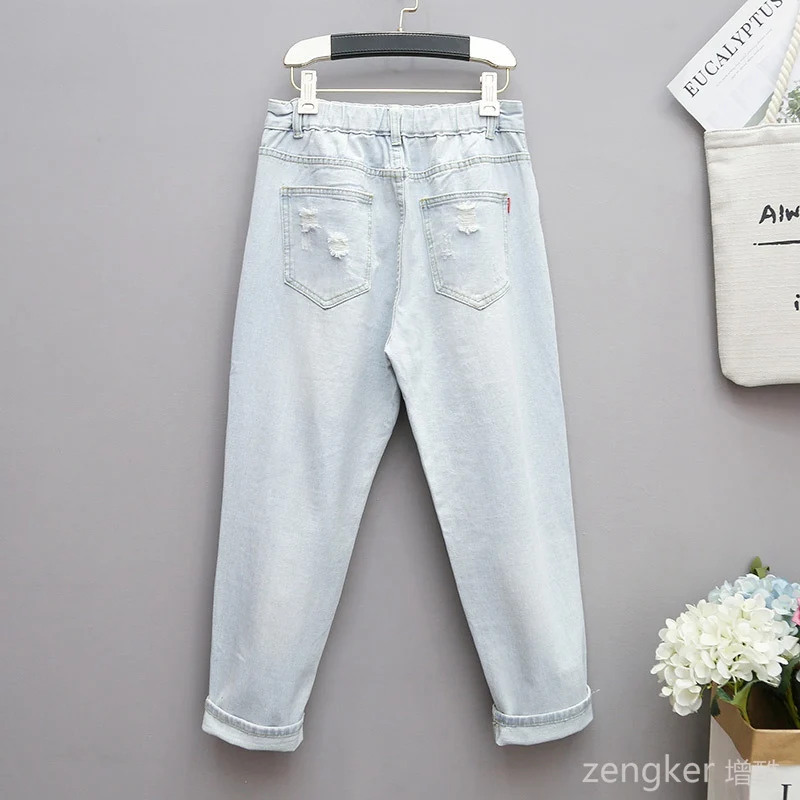 Summer Men Extra Large Damaged Jeans Women\'s Loose Slim Harlan Pants Back Elastic Waist 100kg 5xl ripped jeans for women