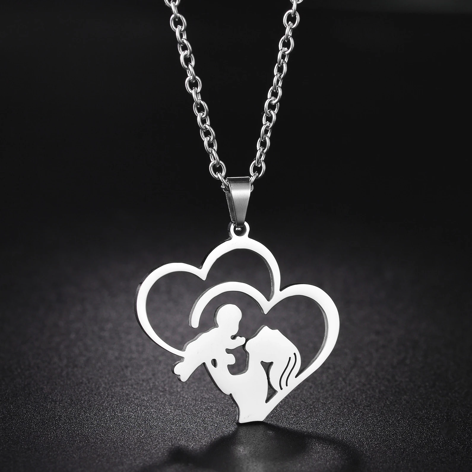 Fashion Lover Heart Mother Baby Stainless Steel Necklace for Men Women Family Pendant Necklace Mother's Day Best Gift