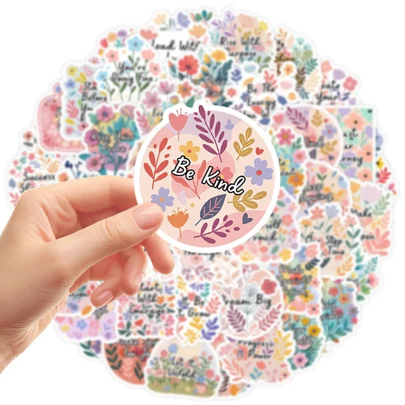 50Pcs Inspirational Flower Stickers, Positive Motivational Quote Waterproof Vinyl Decals for Water Bottles Laptop Journal Gift