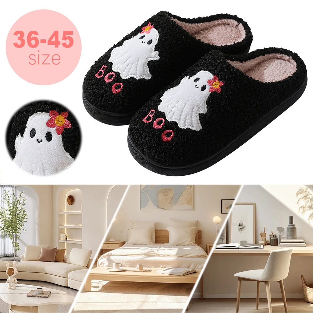 Halloween Ghost Plush Slippers Closed Toe Slippers Anti Slip Soft Furry Slipper Cute Spooky Slippers for Outdoor Indoor Bedroom