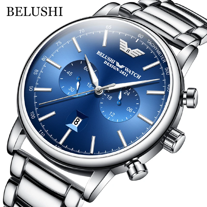 BELUSHI New Quartz Men Watch Top Brand Sport Chronograph Watches For Mens Luminous Waterproof Wrist Watch Stainless Steel Clock