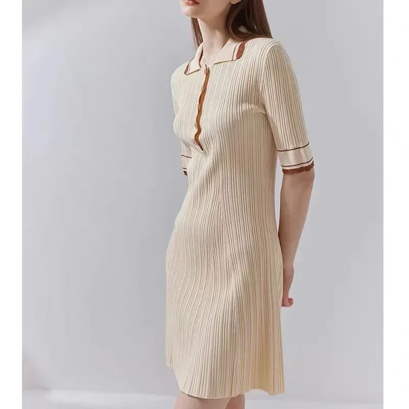 

Women's Beige Knitted Slim Dress V Neck Short Sleeve High Waist Mini Dress