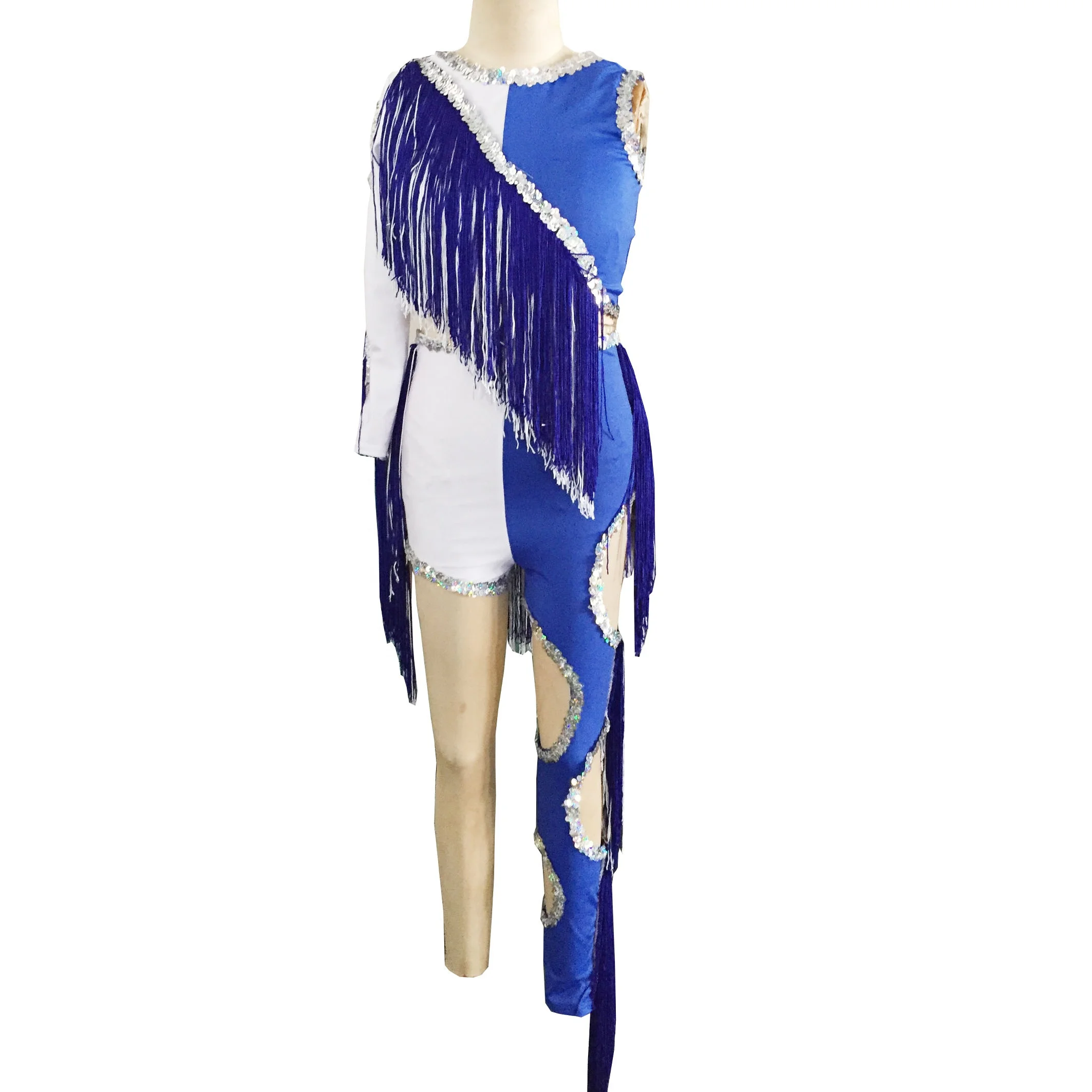 royal blue white dance leotard adult child jazz sequin dance costume one leg pant tassel stage performance Gymnastics suit