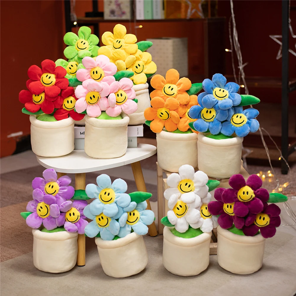 Creative Simulated Sunflower Flowerpot Plush Toys Stuffed Soft Plant Colorful Smiling Flower Dolls Home Decor Ladies Girls Gift