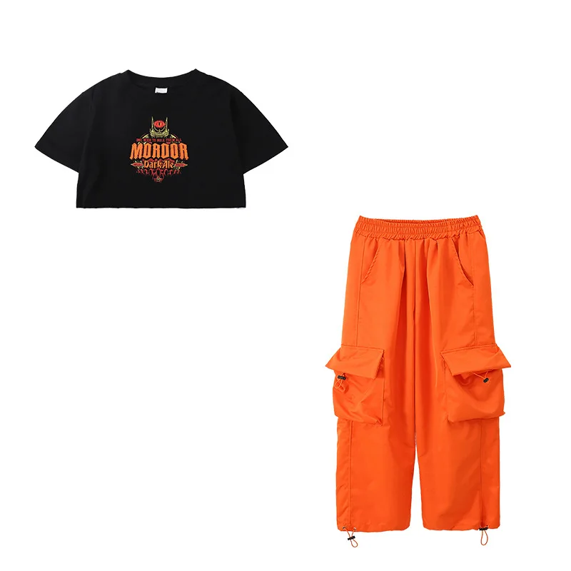 Jungen Ballsaal Hip Hop Kleidung Oversize T-Shirt Orange Cargohose für Kinder Mädchen Jazz Street Wear Tanzkostüm Kleidung