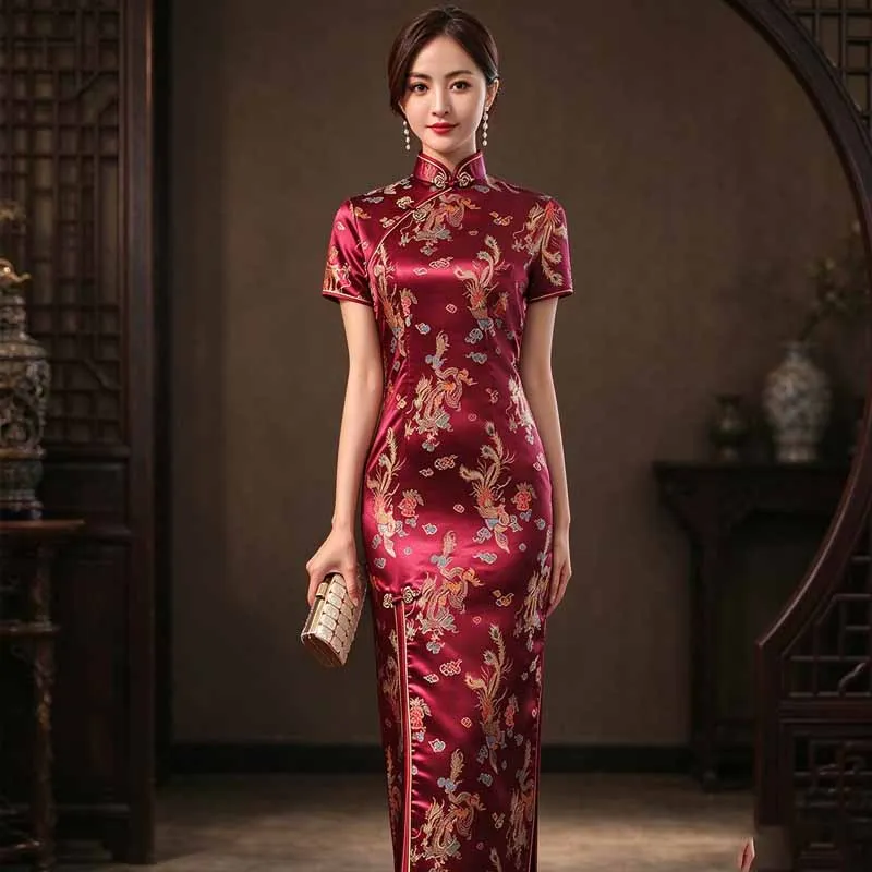 Qipao largo de brocado color burdeos, con mangas cortas, cuello mandarín, abertura alta, estilo cheongsam, Qipao Y2K, vestido sexy de satén.