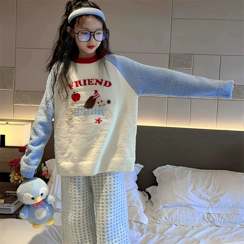 Children Winter Pajamas Suits Kids Home Soft Comfortable O-Neck Top Trousers 2Pcs Girls Cute Print Thick Thermal Clothes Sets