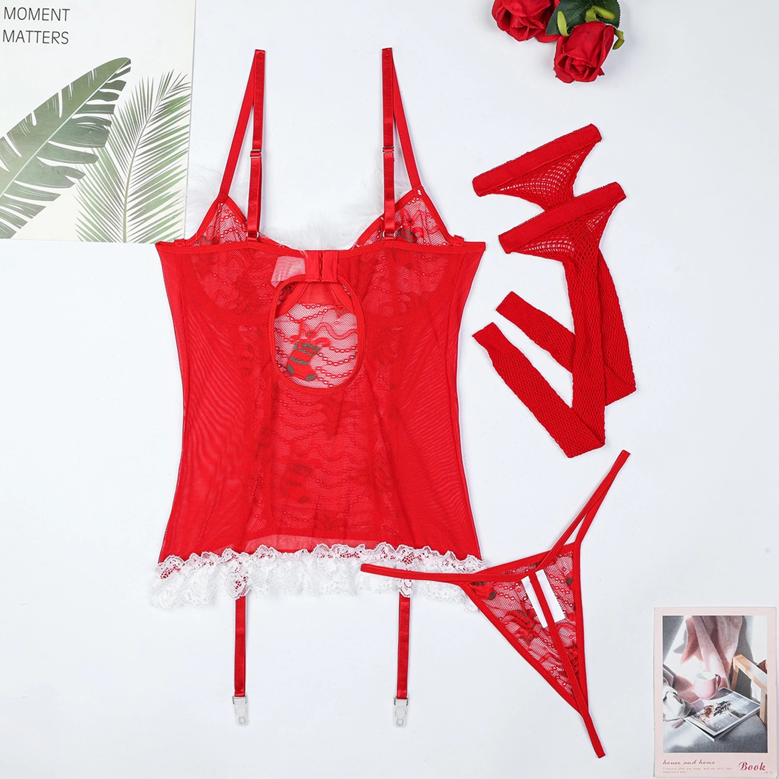 Weihnachts-Dessous-Set für Damen, ärmellose Spitzen-Patchwork-Oberteile und Höschen, Netzstrümpfe-Set