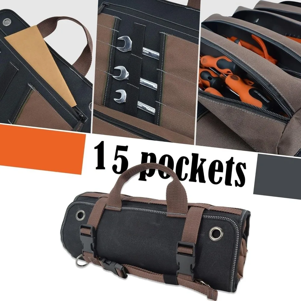 15 Pockets Tool Roll Up Bag Waxed Canvas Foldable Design Canvas Tool Organizer Multi Zipper Waterproof Waterproof Tool Wrap