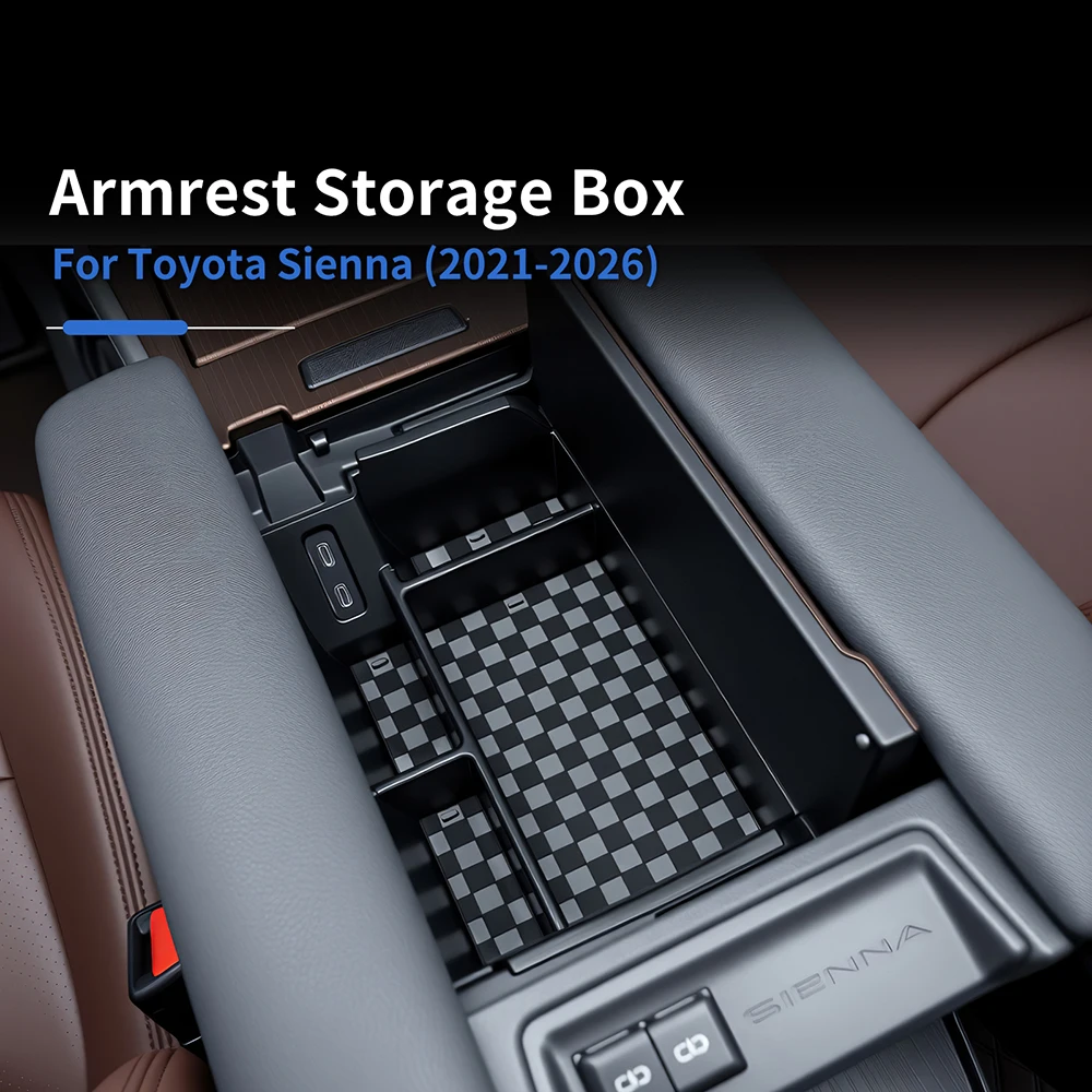 For 2021-2026 Toyota Sienna Armrest Storage Box Center Console Organizer Tray Black Interior Accessories Upgrade Kit Plus