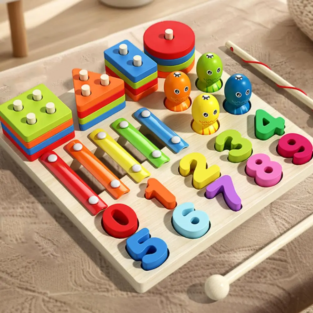 

Educational Geometric Shape Matching Game Toy Early Learning Exercise Hands-on Wooden Geometric Stacked Toy 4 in 1 Montessori