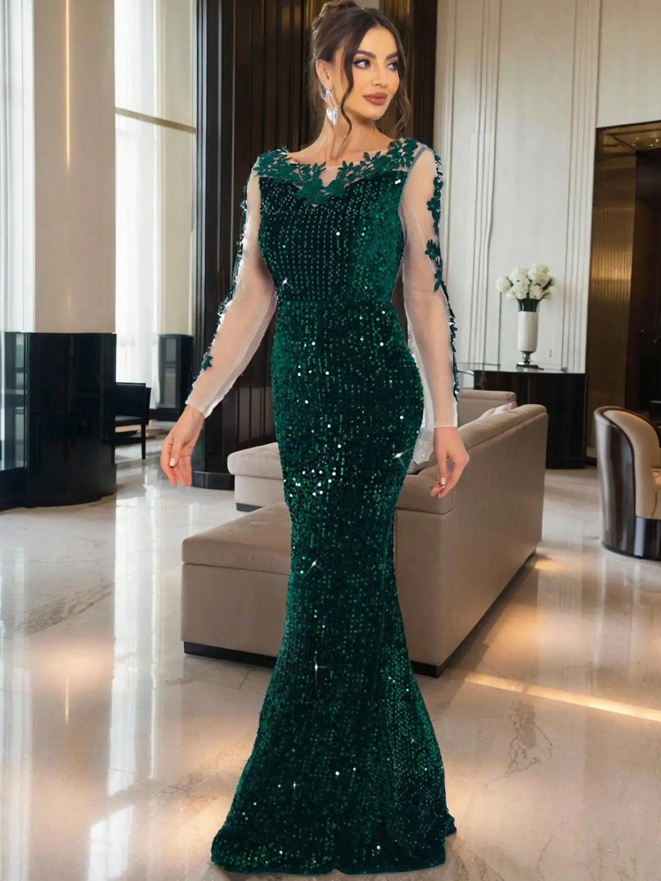 O Neck Illusion Long Sleeve Evening Party Dress Lace Flowers Sequin Mesh Floor Length Wedding Cocktail Prom Gown Elegant Women