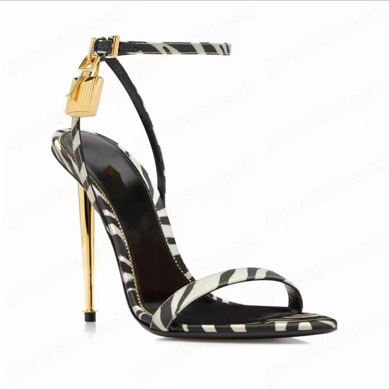 Buckle Strap Solid Color Key Lock Decoration Women Sandals Fashion Show Pointed Toe Ladies Shoes Golden Stiletto Sandals Women - view 4