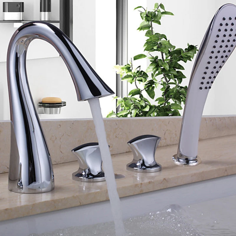 욕실 욕조 수도꼭지 세트 데크 장착형 욕조 수도꼭지 세트 핸드헬드 샤워기 포함 5홀 로마 욕조 수도꼭지 콤보 세트 크롬