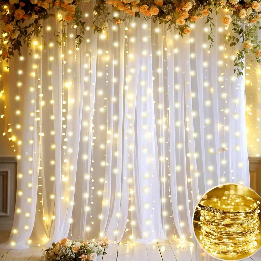 

White Backdrop Curtains with LED Lights for Party, Wedding Background, Baby Shower, Birthday Photo Shoot Decorations, 2 Panel