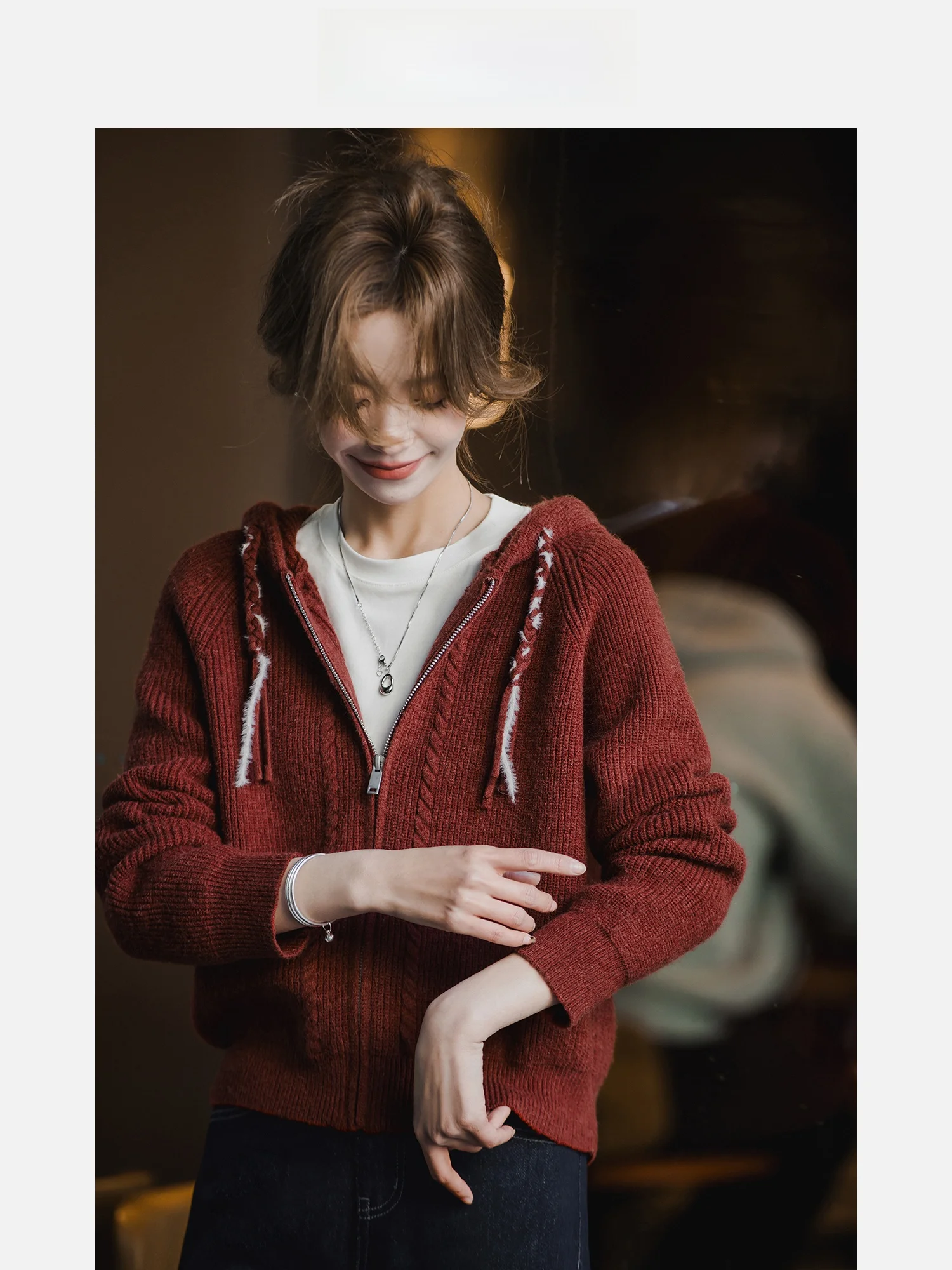 

Весенний женский вязаный свитер-худи Xiao Gu Li с прямым кроем, длинными рукавами, на молнии, укороченный, повседневный стиль