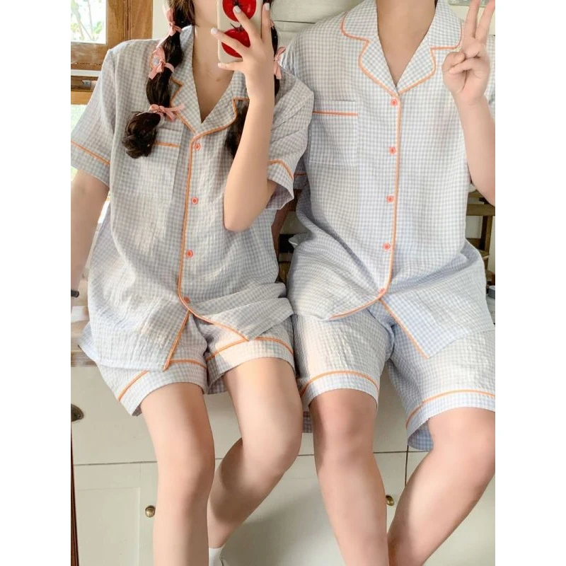 Women Pajamas Sets Summer Thin Cotton Korean Style Couple Pajamas 2023 New Plaid Simple Large Size Men\'s Homewear Two-piece