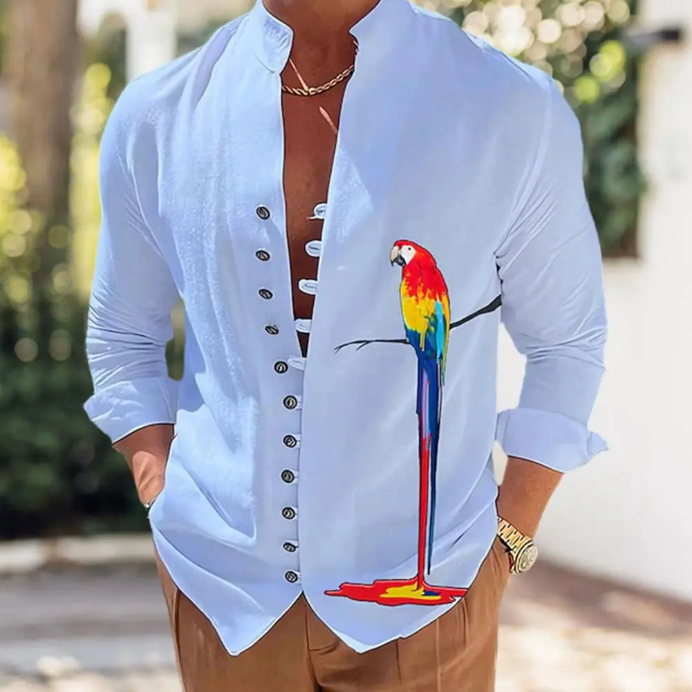 Men Shirt Parrot Printing Stand Collar Long Sleeve Single-breasted  Autumn Top Mid Length Casual Men Top Male  Clothes