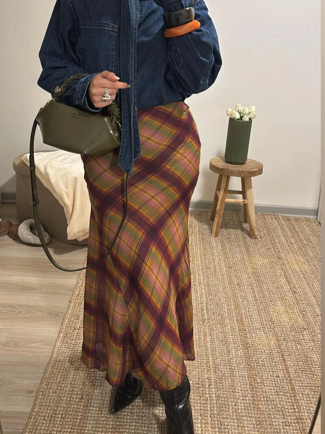 

Женская элегантная клетчатая юбка-миди с цветными блоками, осень 2024, универсальная длинная юбка, стильная и модная