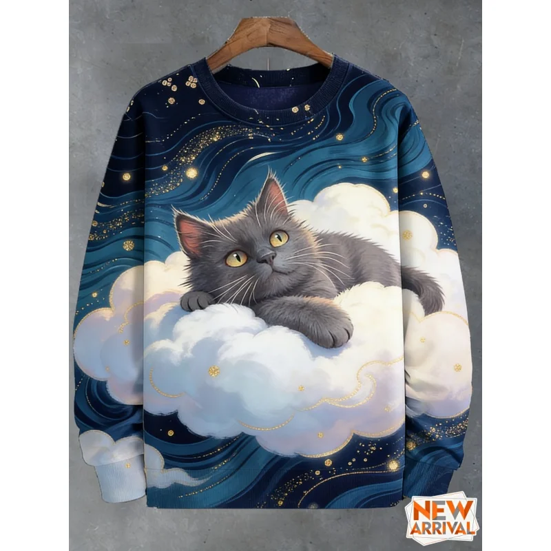 Sudadera con capucha con estampado de cielo estrellado para hombre, jersey con estampado de gato y flor en 3D, sudaderas con capucha holgadas de manga larga Unisex con cuello redondo, Tops