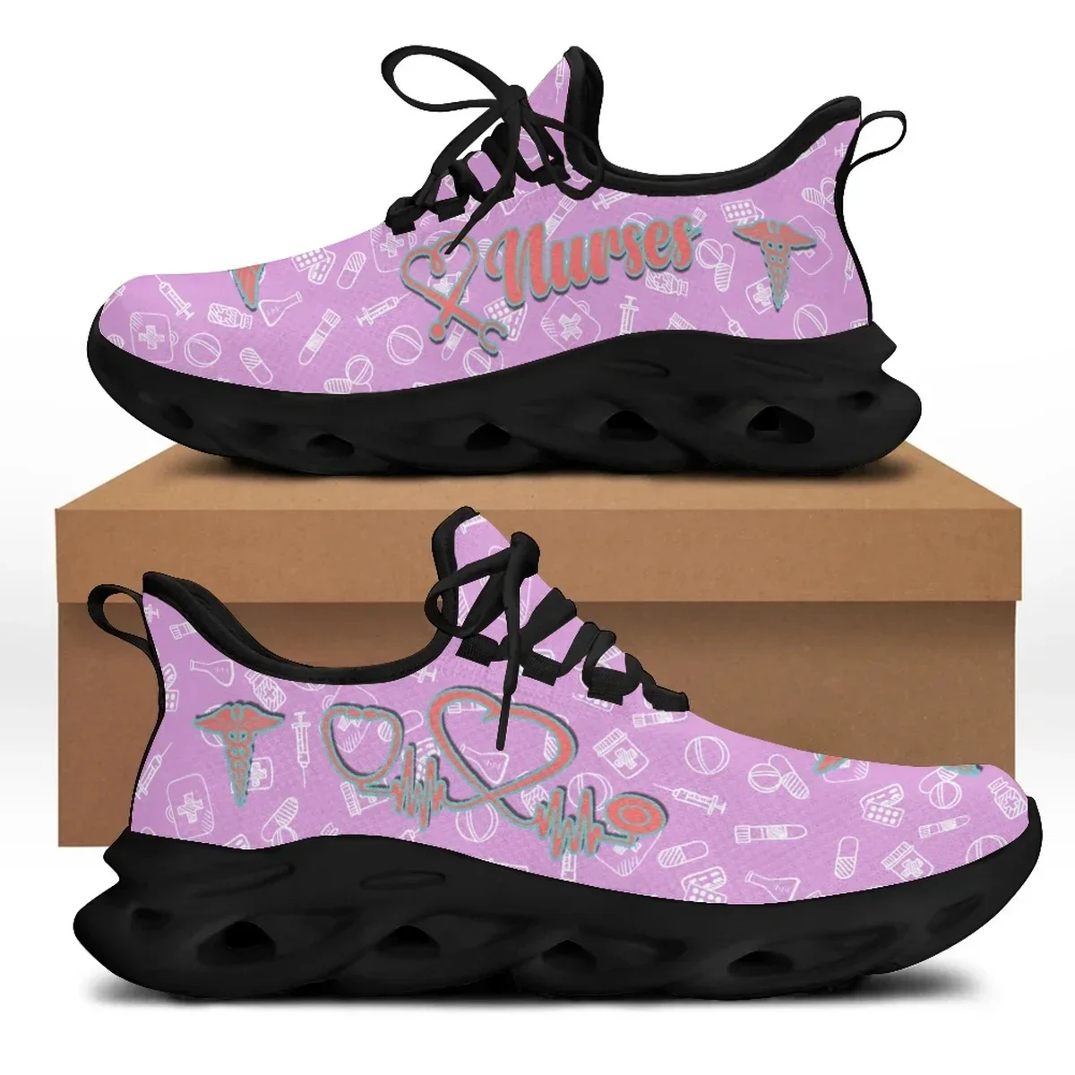 

Custom Medical Shoes Women's Flats Cartoon Nurse Print Breath Mesh Comfort Sneakers for Ladies Girls Summer Chunky Shoes
