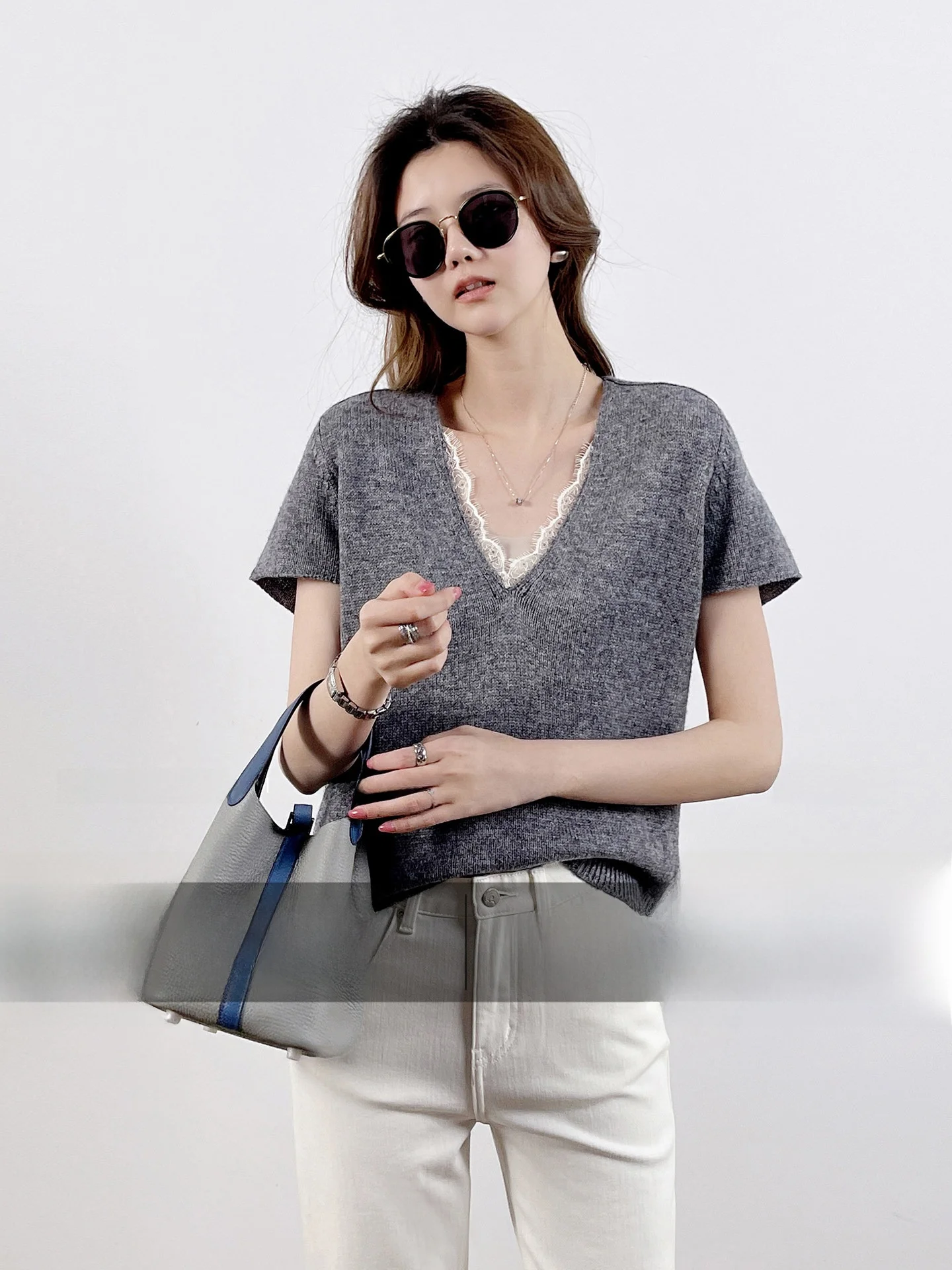 

Korean Fashion 100% Wool Lace Design V-Neck Short Sleeve Knitted Top Women's New Style French Style Casual Wear Spring Season