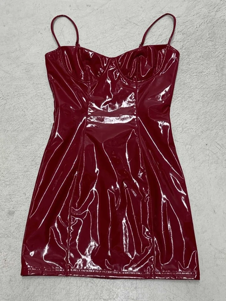 SsTss セクシーな光沢のあるフェイクレザーのスパゲッティストラップドレス、女性用、レッド、ノースリーブ、ハイウエスト、スリム、ボディコン、ミニドレス、ナイトクラブ向け