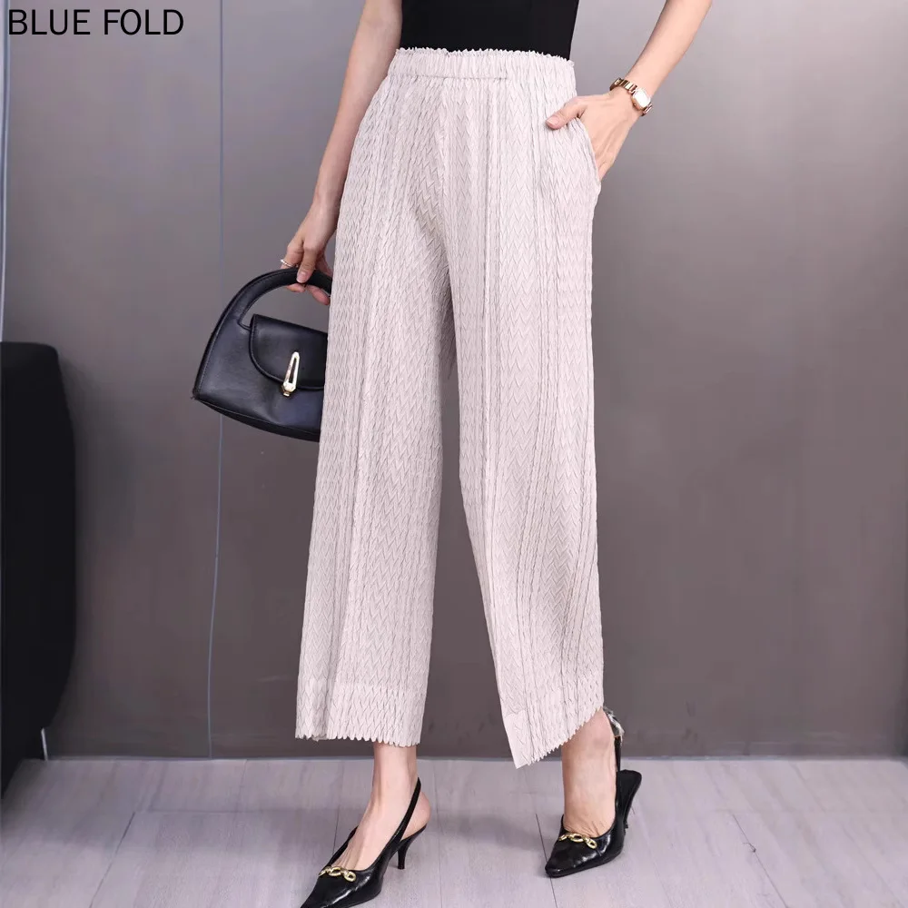 MIYAKE New Summer Fashion Casual and Versatile V-shaped Pleated Straight-leg Pants Women Comfortable for Daily Commuting