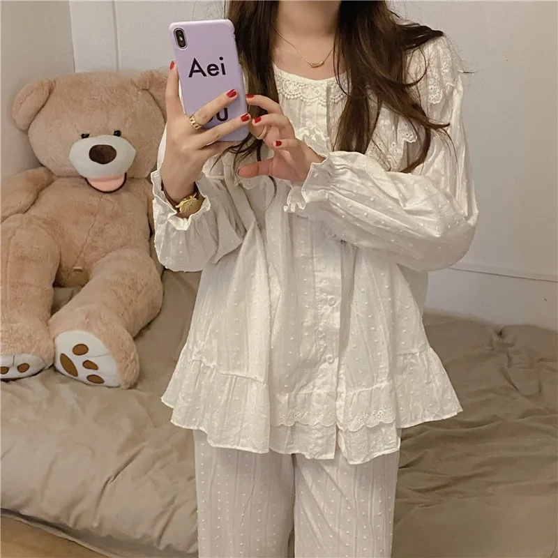 2024 New Pajamas Women\'s Spring and Autumn Sweet Princess Style White Lace Long Sleeve Home Clothes suit Pure Women\'s Style