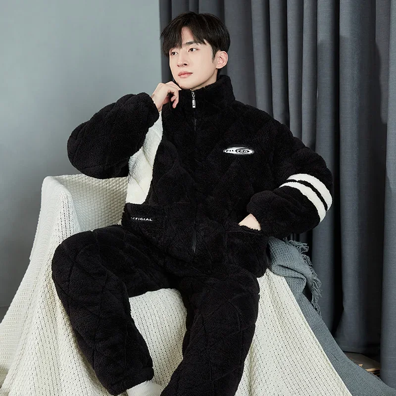 Sport Style Winter Homewear for Men 2024 Fashion Coral Fleece Warm Sleepwear Thickened Zipper Nightwear Male Youth Boy Pyjamas