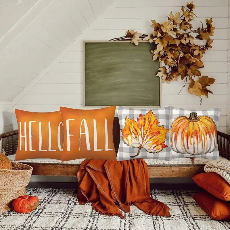 Fall Throw Pillow Covers 18x18 Outdoor Farmhouse Pillow Cases Set Of 4 Autumn Thanksgiving Harvest Orange Eucalyptus Decorations