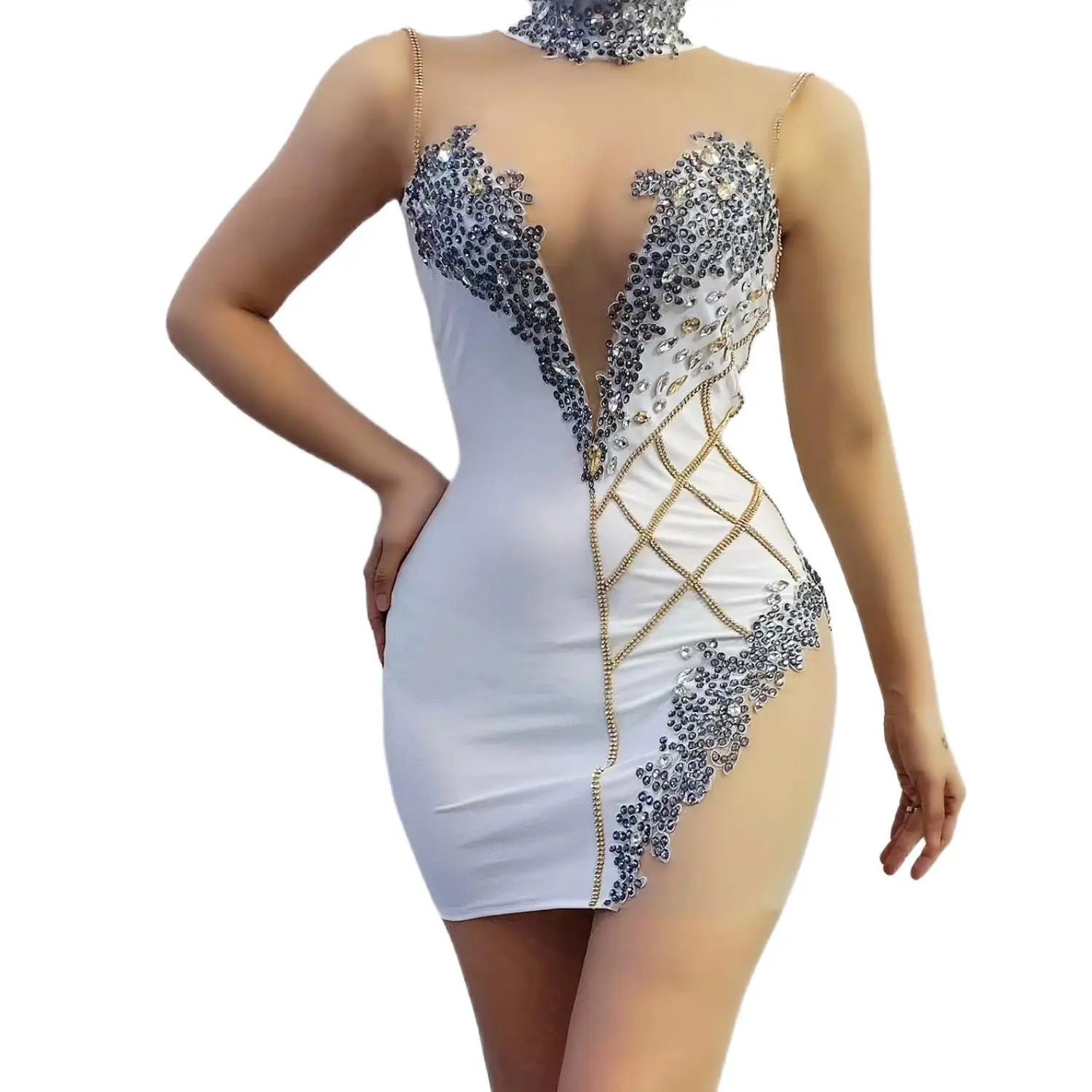 

Baiyeheiye Women White Sleeveless Rhinestone Bodycon Dress See Through Mesh Crystal Party Outfit for Birthday Nightclub