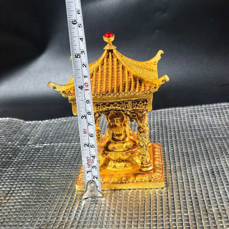 Gilt copper four-sided Buddha Maitreya pagoda-shaped ornament, a grand and auspicious home decoration craft