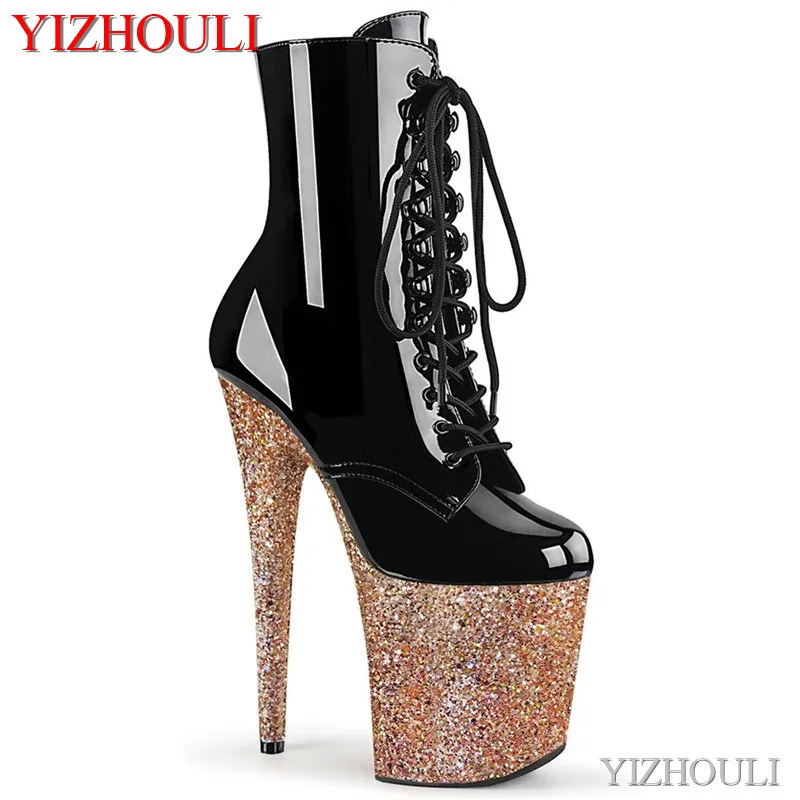 

20 cm sexy sequined waterproof platform black vamp, stiletto boots 8 inches high pole dancing model party ankle dance shoes