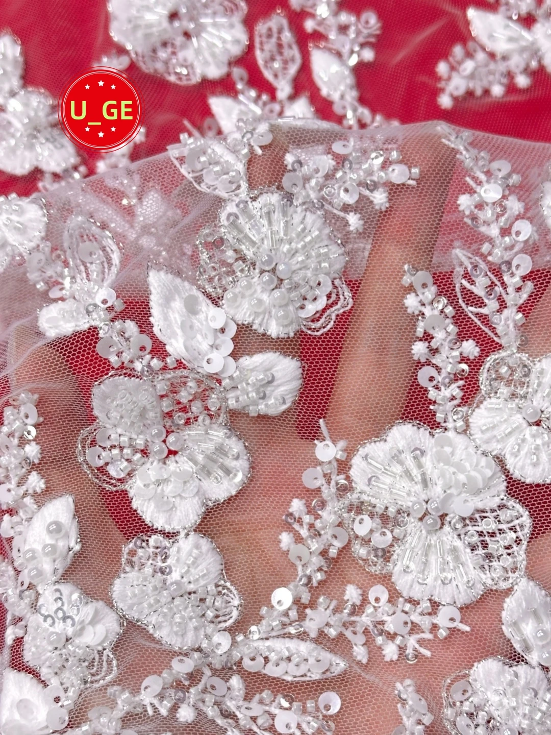 

2026Luxurious White Soft Beaded Lace Fabric with Stones–Elegant High-Quality Tube Lace for Wedding&Evening DressesU_GE8596