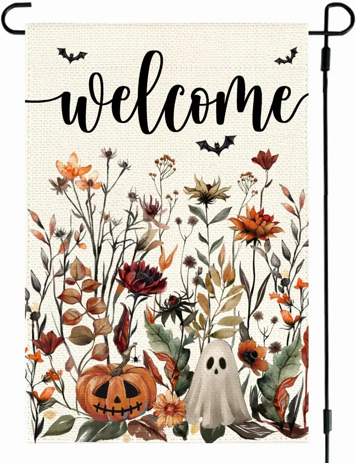 RABUSOFA Floral Halloween Garden Flag 12x18 Inch Double Sided Outside,Flowers Pumpkin Bat Ghost Welcome Yard Outdoor Decorat uui