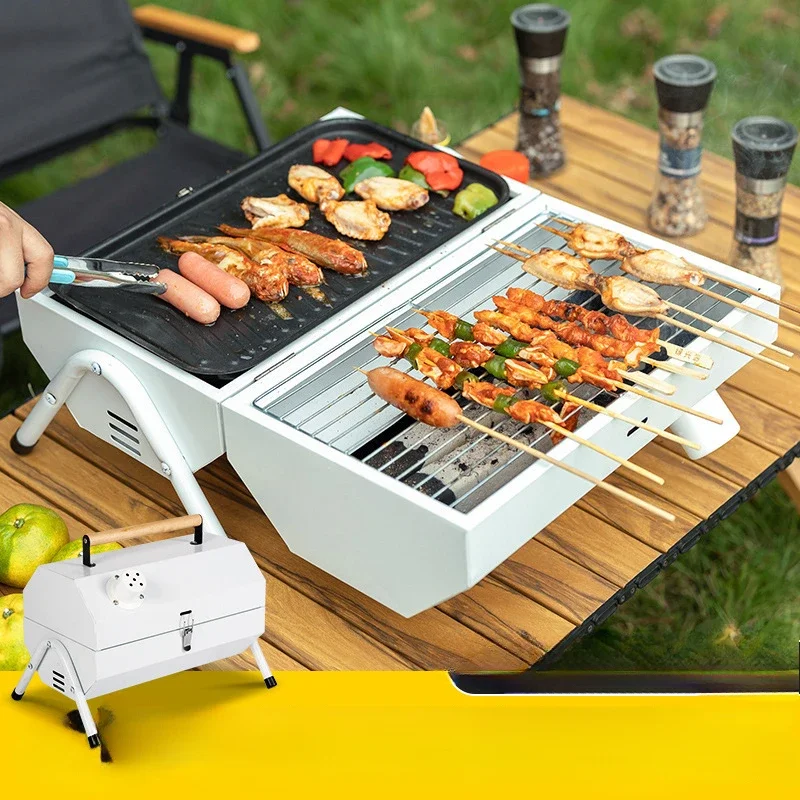 Portable Outdoor Electric Grills Barbecue Stove Double-sided Use Full Set Charcoal BBQ Camping Stainless Steel Grill Oven Tool