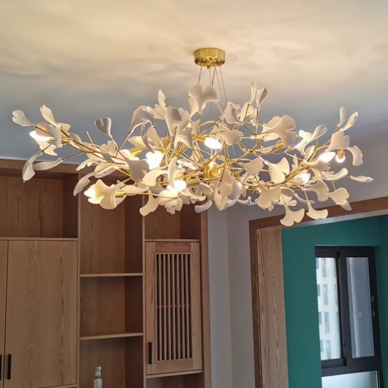 

Modern White Long Ginkgo Leaf LED Ceramic Pendant Light Villa Living Room Ceiling Chandelier Indoor Hanging Lighting Decor