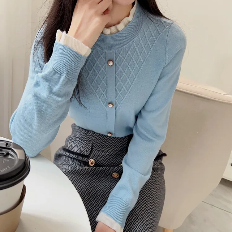 

Ele Soft Woolen Knitted Sweater Women's Low Collar Button Design Regular Sve Long Spring Faion Commute Sle Selfwill