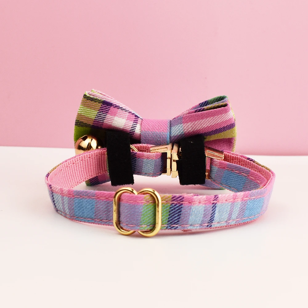 Plaid Pattern Cat Collar Bowknot Adjustable Safety Personalized pet collar Customized Name Soft Collar