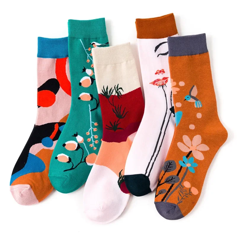 Hot Sale Cartoon Jacquard Funny Art Socks Creative Plants Flowers Cute Women Socks Vintage Leisure Cotton Kawaii Socks Wholesale