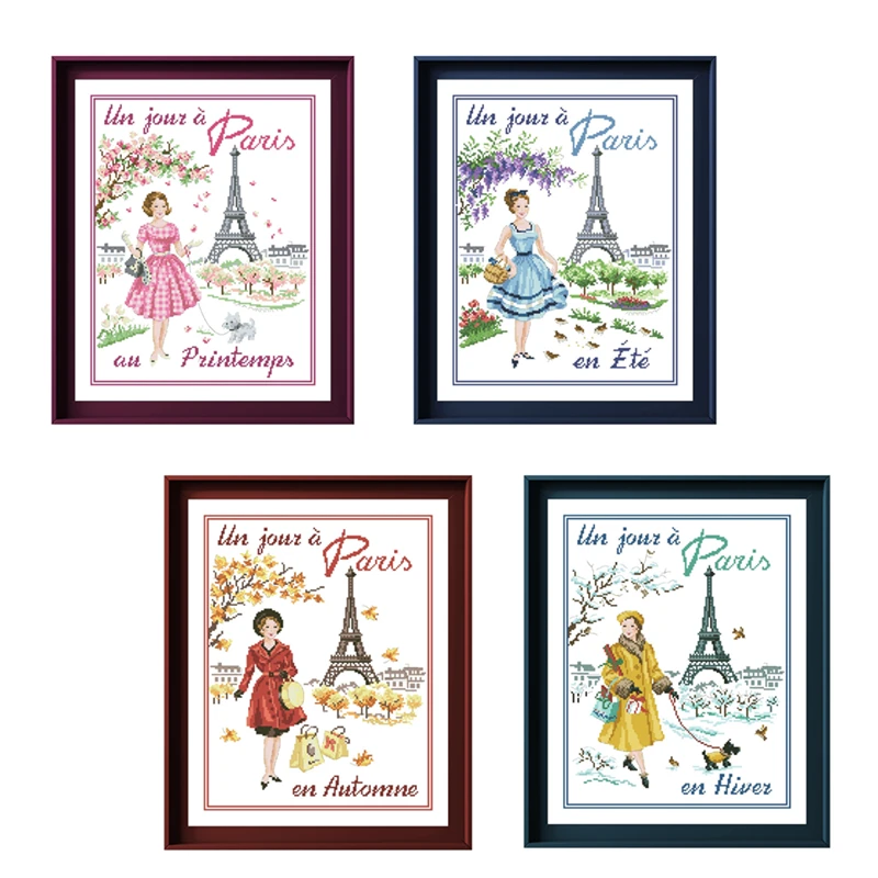 Paris in 4 season cross stitch cartoon package 18ct 14ct 11ct cloth cotton thread embroidery DIY handmade needlework