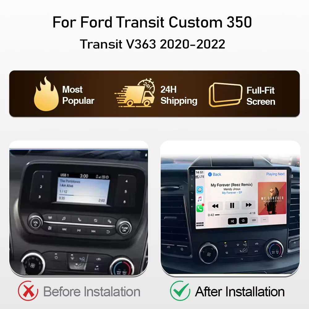 Car Android Radio Stereo Player Frame Fascia For Ford Transit Custom 350 Transit V363 2020-2022 Panel Power Harness Cable Canbus
