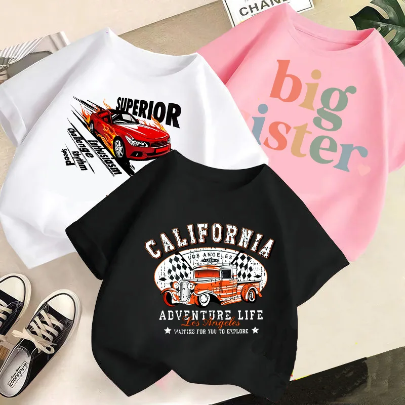 

2025 New Car Fashion Printed Boys' and Girls' Summer Clothes Stylish Top Children's Short Sleeve Baby Pure Cotton T-shirt