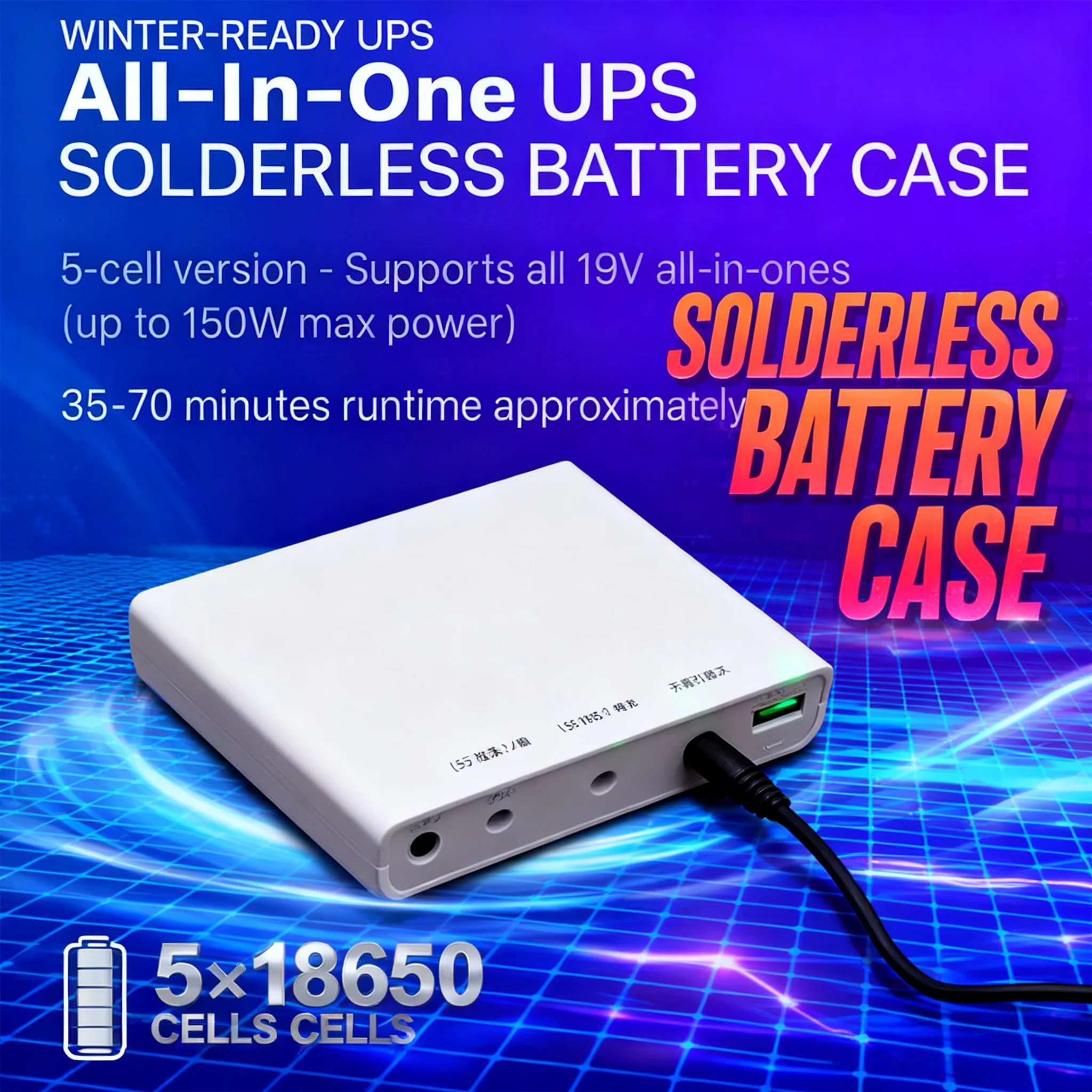 19V Auto Backup UPS for AIO PC, Winter-Ready 5×18650 Cells, Power During Outage (Batteries Not Included)